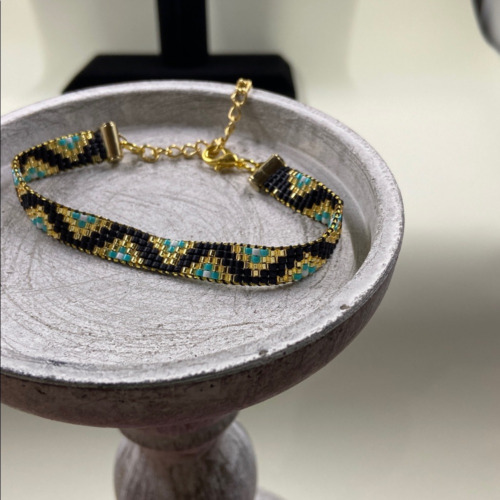 Cute Handcrafted Loom-Beaded Bracelet  with Turquoise ,Black and Gold Beads - Picture 2 of 12